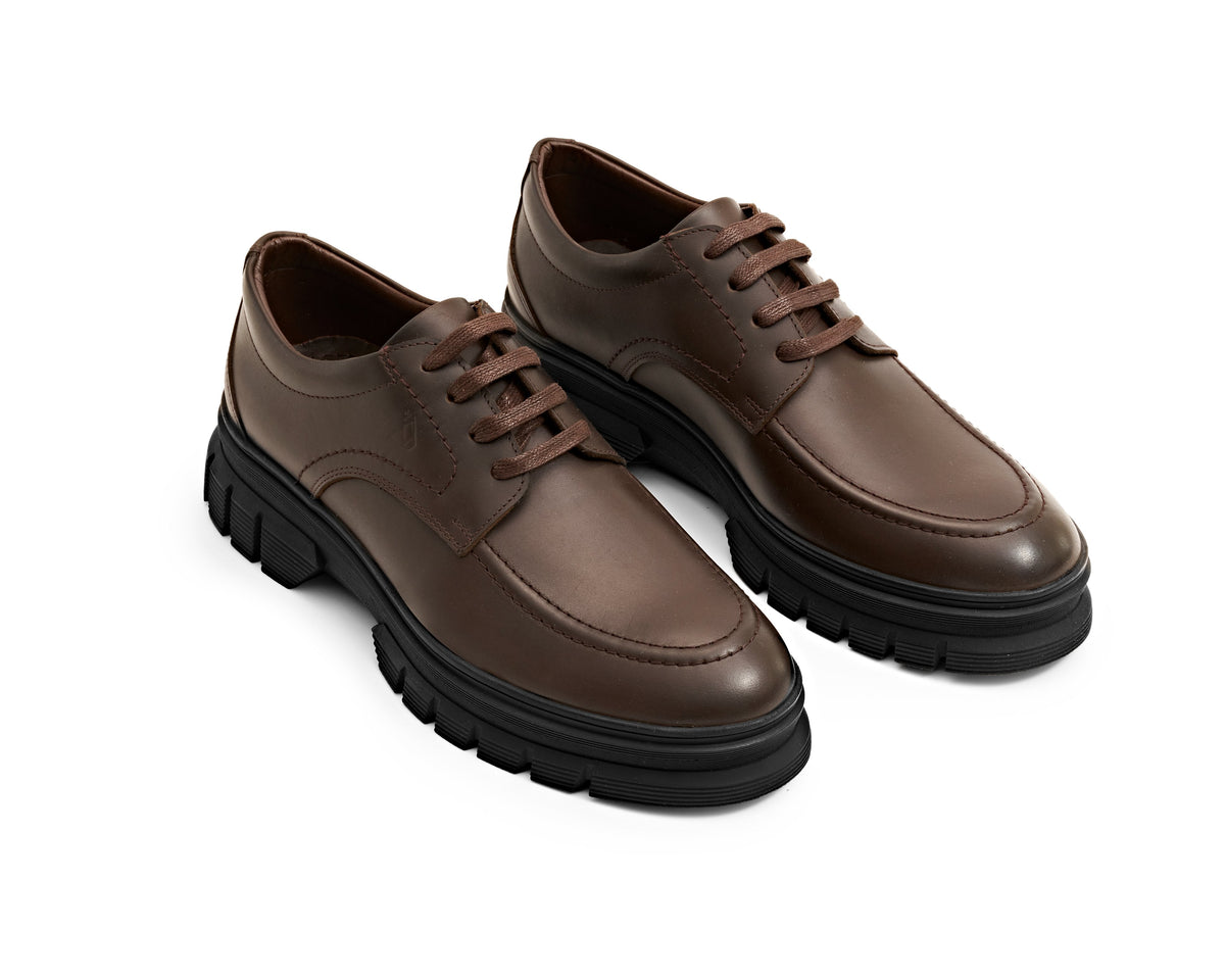 Genuine Leather Chunky Apron-Toe Derby - Brown